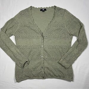Frye Sage Green Cardigan Women Medium 100% Cotton Button Front Scallop Trim Knit